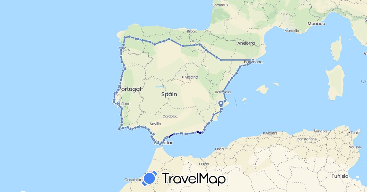 TravelMap itinerary: driving, cycling in Spain, Gibraltar, Portugal (Europe)